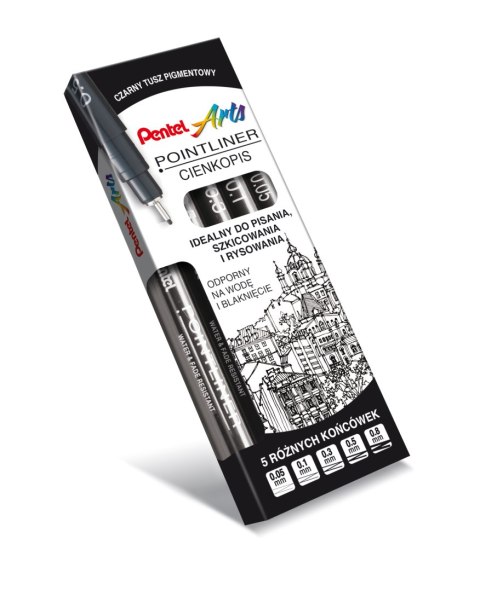 Cienkopisy kalibrowane Pentel Pointliner S20P mix 5 grubości czarne