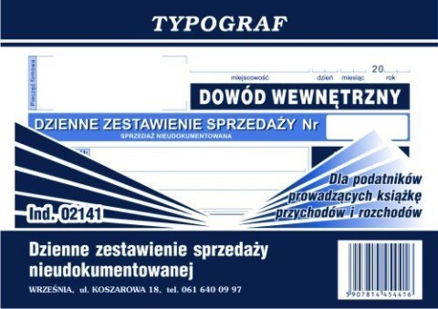 Dzienne zestawienie sprzedaży nieudokumentowanej dla podatników prowadzących podatkowe księgi przychodów i rozchodów Typograf A6
