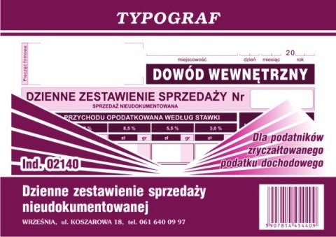 Dzienne zestawienie sprzedaży nieudokumentowanej dla podatników zryczałtowanego podatku dochodowego Typograf A6