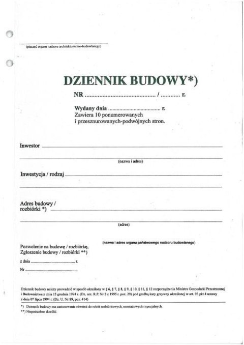 Dziennik budowy 20 K Typograf A4