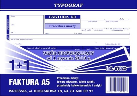 Faktura procedura marży towary używane, dzieła sztuki, przedmioty kolekcjonerskie i antyki (O+1K) Typograf A5