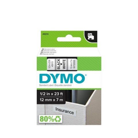 Taśma Dymo D1 12 mm x 7 m czarny na białym tle