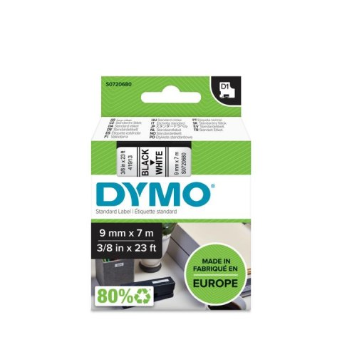 Taśma Dymo D1 9 mm x 7 m czarny na białym tle