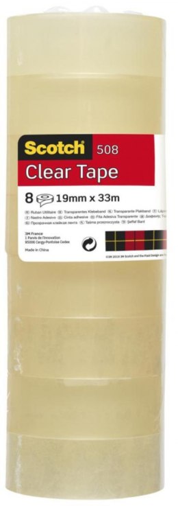 Taśma klejąca Scotch 508, 19 mm x 33m, przezroczysta żółta, 8 szt