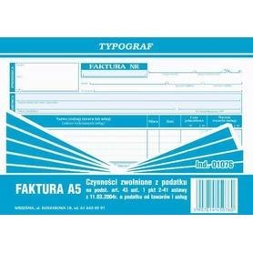 Druk faktura VAT A-5 TG poziom dla zwolnionych z podatku VAT na podst. art. 43 , 01076
