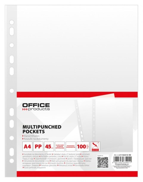 Koszulka OFFICE PRODUCTS A4 krystaliczna /100/ 45 mic. OPAKOWANIE FOLIA 21142315-90 EAN : 5901503634011