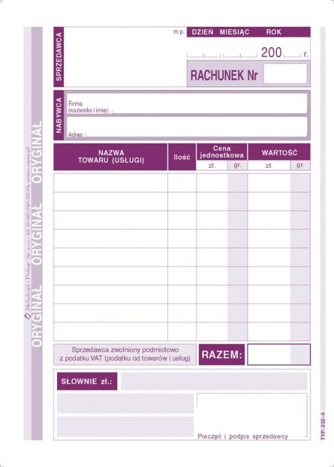 Rachunek A6 dla zwol. z VAT pion Michalczyk i Prokop